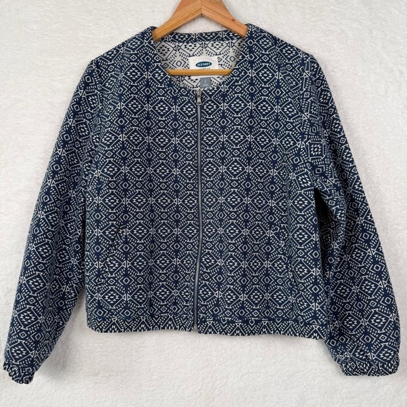 Old Navy Bomber Jacket Womens Large Blue White Geometric Tribal Print Zip Up L - Picture 8 of 11